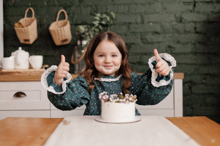 Adorable little child girl wears festive dress takes a bite out of a decorated flowers name cake at a birthday party.Happy smiling kid licks white cream from her dirty face and shows thumb up indoors.の写真素材