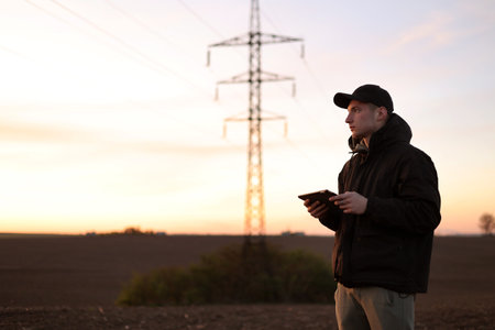 Young power engineer holds digital tablet against high voltage tower at field. Electrical engineer checking energy efficiency electrical towers. World Energy Saving Day. energy business conceptの写真素材