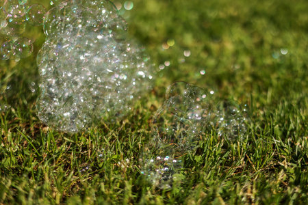 Colorful bright soap bubbles on summer natural green grass background in sunlight. Spring or summer holiday season. Symbol of happy childhood, purity, ecologyの写真素材