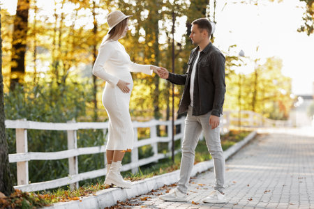 Pregnancy and Parenthoods concept - smiling man is walking with pregnant wife and looking to each other in autumn park. Happy styling young family is relaxing outdoors on weekend on sunny dayの写真素材
