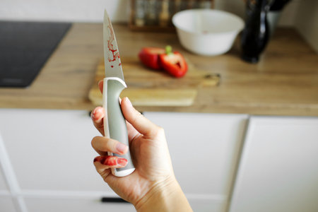 Woman cut her little finger with a knife while cooking vegetable salad on the kitchen. Female hand with blood holds knife with a sharp blade resulted in a cut and wounded finger cooking accidentの写真素材