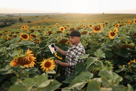 Smart farmer. Young agronomy is using smart digital tablet at sunflower field. Technology wireless device to study, research, examening or checking harvest. Innovation agriculture businessの写真素材