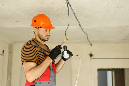 Electric in uniform, protective gloves and hard hat checking and measuring the presence of electrical voltage in bulb light by tester screwdriver. Examining wires by voltage detector in new building.の写真素材