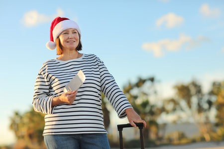 Independent mature woman in Christmas Santa Claus hat, striped shirt holds passport, boarding ticket, suitcase on seashore with palms backdrop celebrates new year holidays vacation at exotic resort.の写真素材
