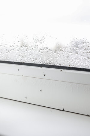 Close up of many dead midges and water droplets condensation on white metal-plastic window and windowsill indoors apartment. Problems with pests and high humidityの写真素材