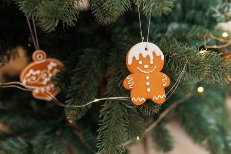 Close up view of beautiful fir branches with traditional fun homemade gingerbread man decorated with...