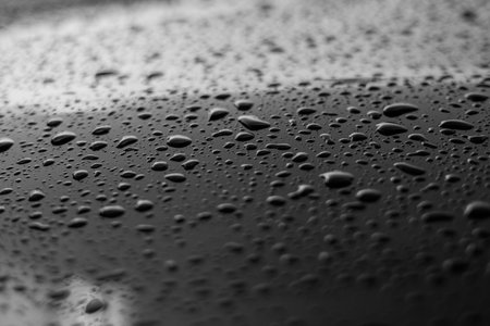 Rain or water drops different size on a black shiny car hood surface. Water droplets on dark iron surface and texture. Abstract background and water texture for designの写真素材