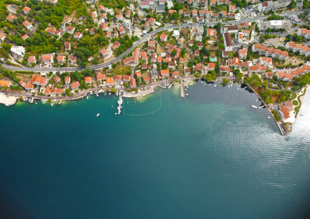Aerial drone high view of Kotor bay, Boka Kotorska and coastal town Kotor, Cattaro, in Montenegro. Location place famous resort Montenegro. Adriatic fjord surrounded by rugged mountains.の写真素材