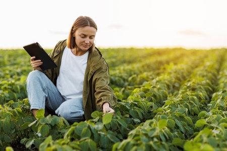 Modern agribusiness. Female farmer with digital tablet examines and checks green leaves of soybeans plants at field. Agronomist controls growth and development of sprouts. Smart farming technologyの写真素材