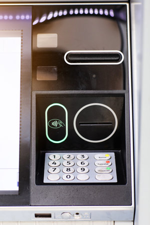 Automated teller machine details, ATM. Cashpoint keypad, NFC contactless wifi system, card reader...