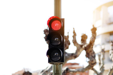LED red light traffic light on defocused european buildings and trees background. City crossing with...