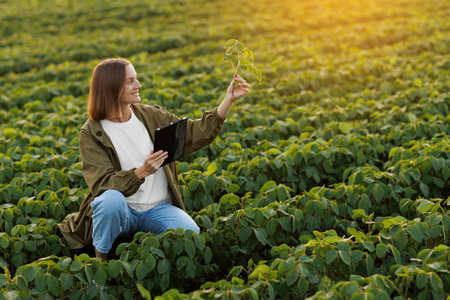 Smart farming soybean technology. Smiling female farmer with digital tablet uses for examine and check soya plants in field. Modern agribusiness of control of growth and development of sprouts.の写真素材