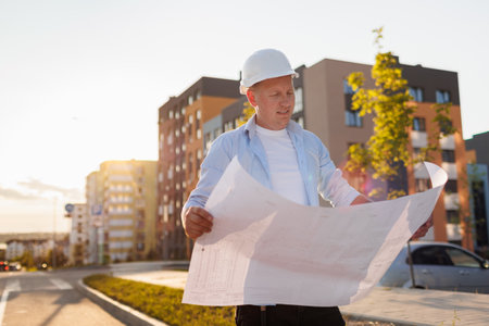 Successful engineer, architect, builder, businessman in hard hat, holds blueprint project on high rise residential buildings background. Construction concept. Verification and planning, real estate.の写真素材