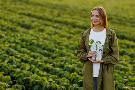Female farmer holds in hands soybean plant with health leaves and roots, looks at camera at soya field. Agronomist controls growth and development of sprouts, examines and checks organic cropsの写真素材