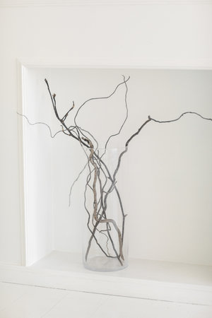 Dried natural tree branches in transparent glass vase in white wall niche. Natural minimalistic decorations with twigs for modern design interior. Vertical image. Still life sceneの写真素材