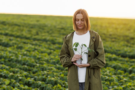 Female farmer holds in hands soybean plant with health leaves and roots, looks at camera at soya field. Agronomist controls growth and development of sprouts, examines and checks organic cropsの写真素材