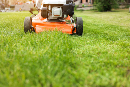 Gardening work tools. Wide angle view of orange electric lawn mower, wheels, motor on bright lush...