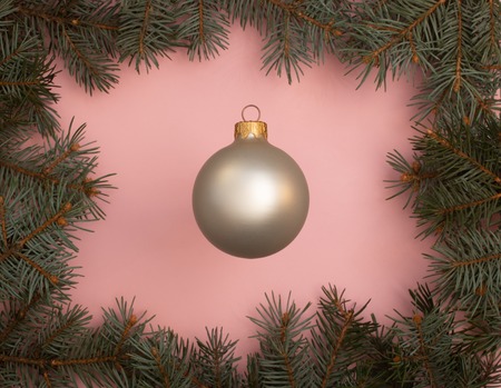 Pearl Christmas ball on the pink background and pine tree branches aroundの写真素材