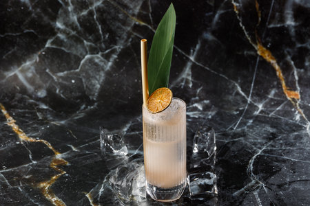 classic cocktail Hemingway decorated with dry lime, Boozy Rum Hemingway Daiquiri with LIme and Grapefruit isolated on black background.の写真素材