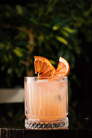 Classic orange cocktail glass on glass table in night club restaurant. Alcohol cocktail drink...