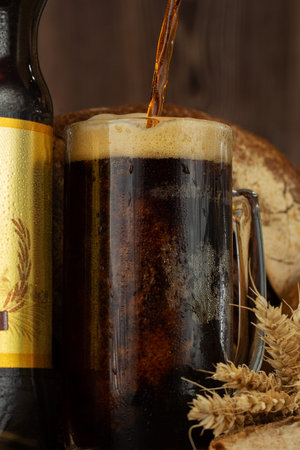 Traditional Russian drink kvass made from bread, rye malt, sugar and water. Kvass in the jug, rye...