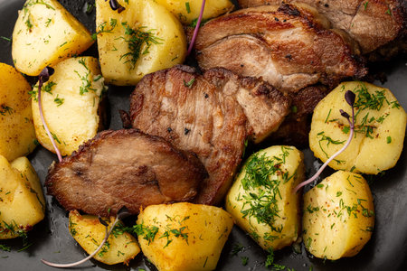 Oven Baked new potatoes with sea salt and pork tenderloin cutting into pieces in a black plate, on...