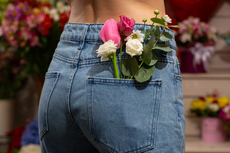 Woman with beautiful tender flowers in back pocket of jeans. Woman stabs back to camera. A tiny...