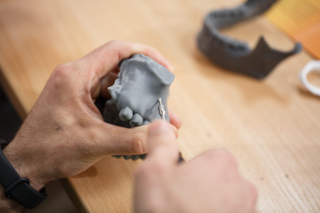 Dentist practice with mini screw model on dental model. Orthodontic dentistry. False teeth.