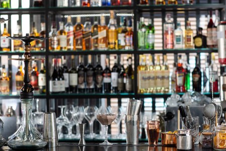 bar counter with bartender equipment and hookah.