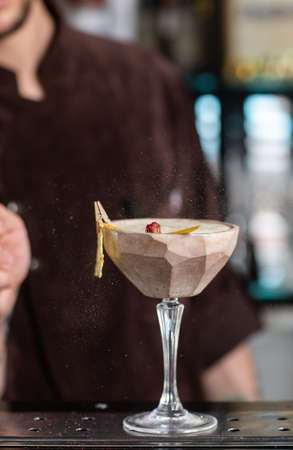 male bartender sprinkles on glass with cold cocktail decorated with dried pineappleの写真素材