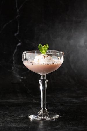 Glass of ice cold cocktail served in a glass, decorated with mint leaf placed on a black