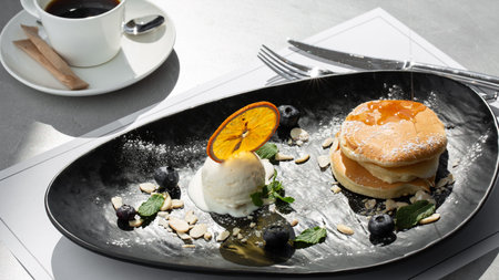 American pancakes with ice cream scoop, berries and maple syrup on black plate isolated with coffee....