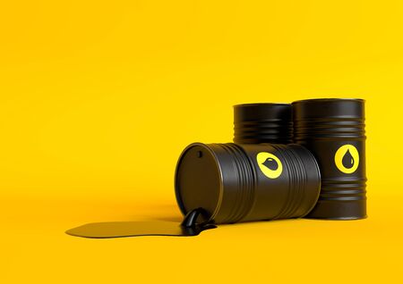 Barrel of oil spilling on a yellow bright background. Black barrel from which oil spills. Oil prices inflation. 3D rendering illustrationの写真素材