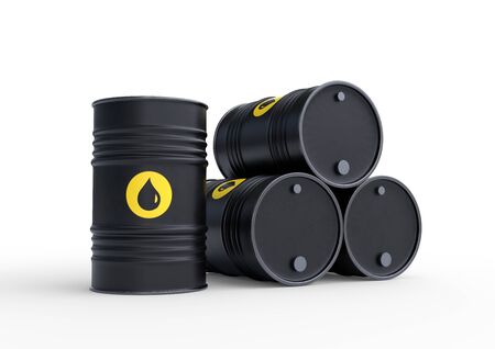 Black barrels of oil on a white background. 3D rendering illustrationの写真素材
