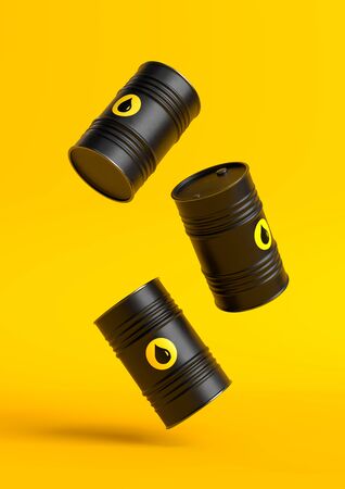 Black barrels of oil fall on a yellow bright background. Oil prices inflation. Creative minimal concept. 3D rendering illustration.の写真素材
