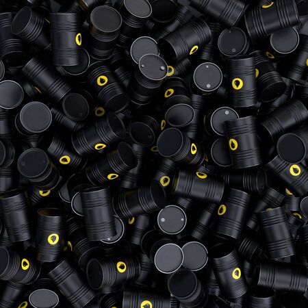 A bunch of metal black barrels of oil. The idea of a global crisis. 3d rendering illustrationの写真素材