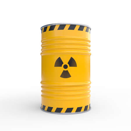Radioactive waste yellow barrels with radioactive symbol, isolated on white background. Nuclear waste in barrels. 3d rendering illustrationの写真素材