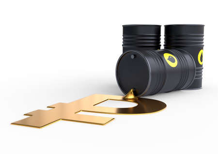 Barrel of oil spilling golden ruble sign on a white background. Black barrel from which oil spills. Oil prices inflation. 3D rendering illustrationの写真素材