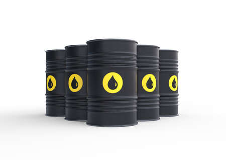 Black barrels of oil on a white background. 3D rendering illustrationの写真素材