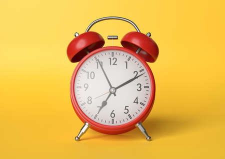 Red vintage alarm clock on bright yellow background in pastel colors. Minimal creative concept. Front side 3d rendering illustrationの写真素材