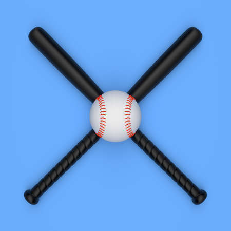 Baseball ball and baseball bat isolated on a pastel blue background. Minimal creative sports concept. 3D rendering illistrationの写真素材