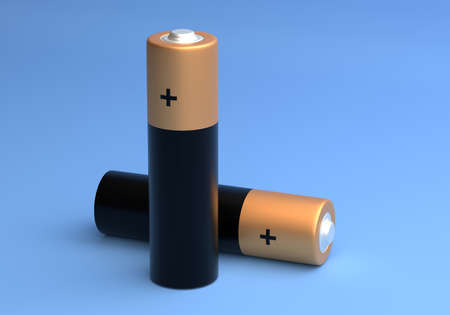 Two AA size batteries isolated on blue background close up, carbon zinc batteries, rechargeable batteries, mockup. 3D rendering illustrationの写真素材