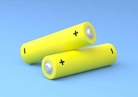 Two yellow AA size batteries isolated on blue background in pastel colors. Alkaline battery. Minimal concept. 3d render illustrationの写真素材