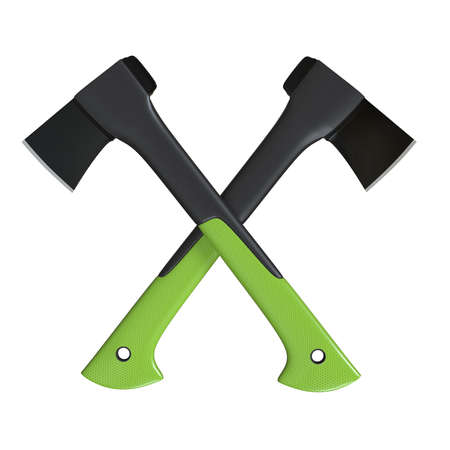 Two crossed ax on the white background. Ax with Fibreglass Handle. Lumberjack ax. Ax tool. 3D rendering illustrationの写真素材