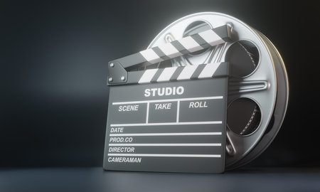 Film reel with clapperboard on black background. Minimalist creative concept. Cinema, movie,...