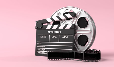 Film reel with clapperboard isolated on bright pink background in pastel colors. Minimalist creative concept. Cinema, movie, entertainment concept. 3d render illustrationの写真素材