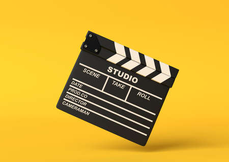 Flying Ñlapperboard isolated on bright yellow background in pastel colors. Minimalist creative concept. Cinema, movie, entertainment concept. 3d render illustrationの写真素材