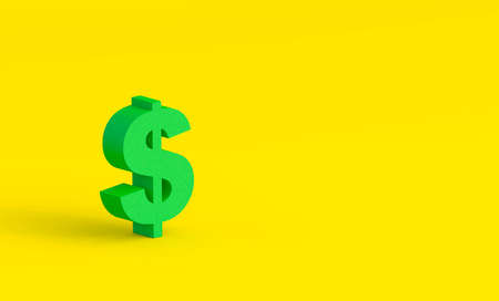 Orthographic projection of a green dollar sign with copy space on a pastel yellow background. Minimal creative concept. 3d rendering illustrationの写真素材