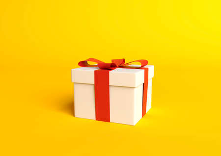 White gift box with red ribbon on pastel yellow background. Minimal concept. 3d render illustrationの写真素材
