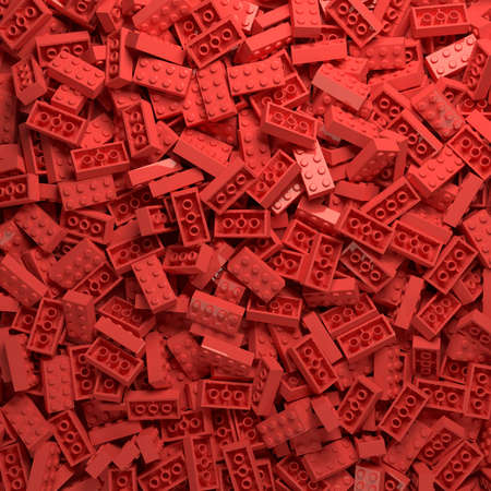 Red plastic toy bricks background. Educational toy for children. Pile of child's building blocks. 3D Rendering illustrationの写真素材